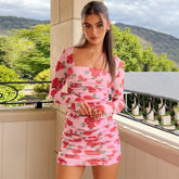 Flower Print Pleated Bodycon Bandage Spring Summer Nightclub Party Mini Dress